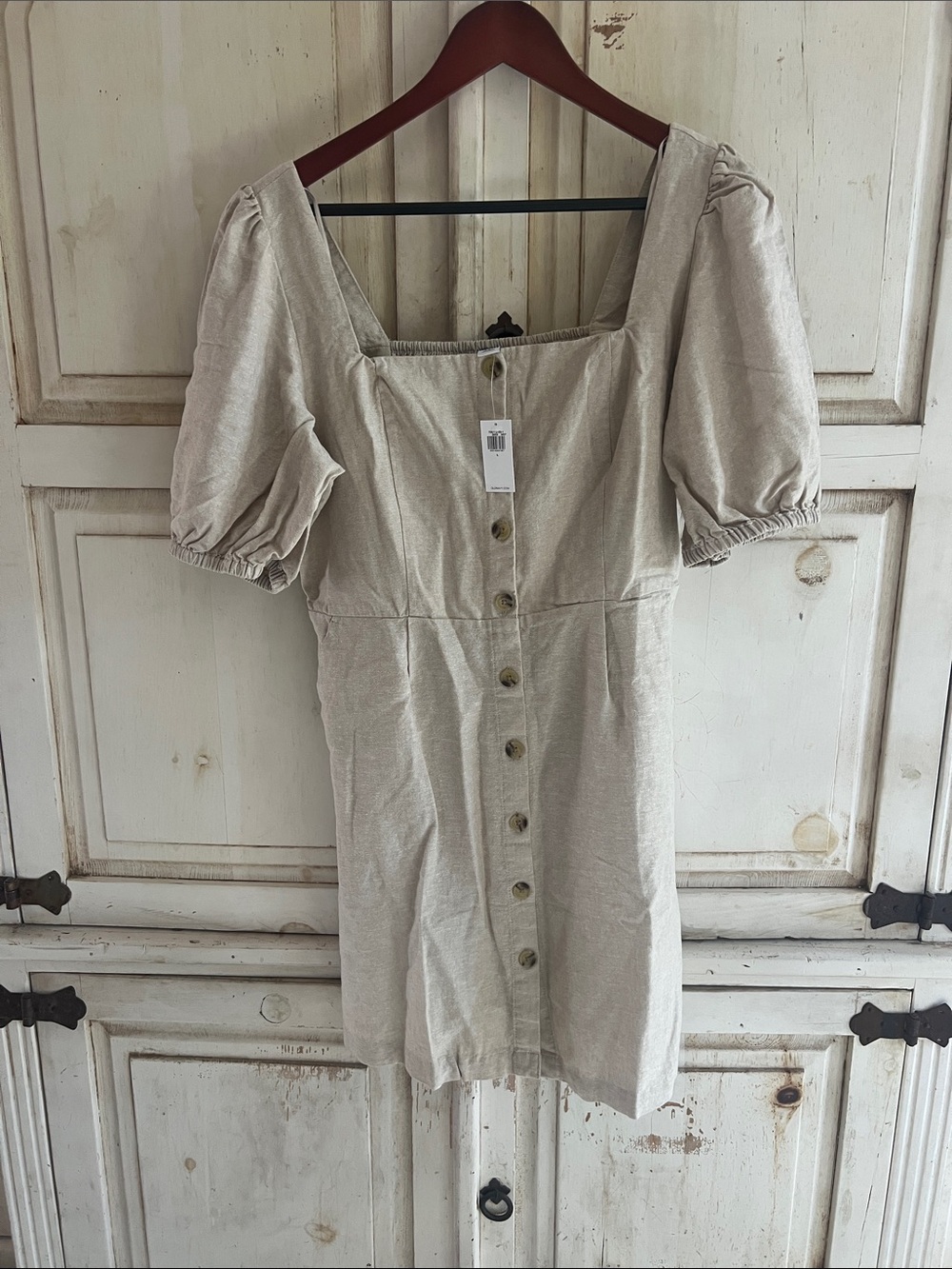 Old Navy Neutral Square-Neck Puff Sleeve Mini Dress NWT Lds Large Linen Color.